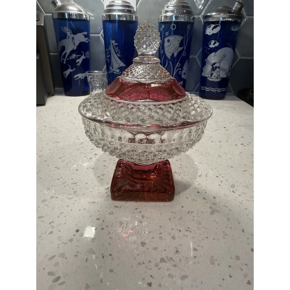 Westmoreland English Hobnail Crystal Ruby Flashed Candy Dish Mid Century Glass